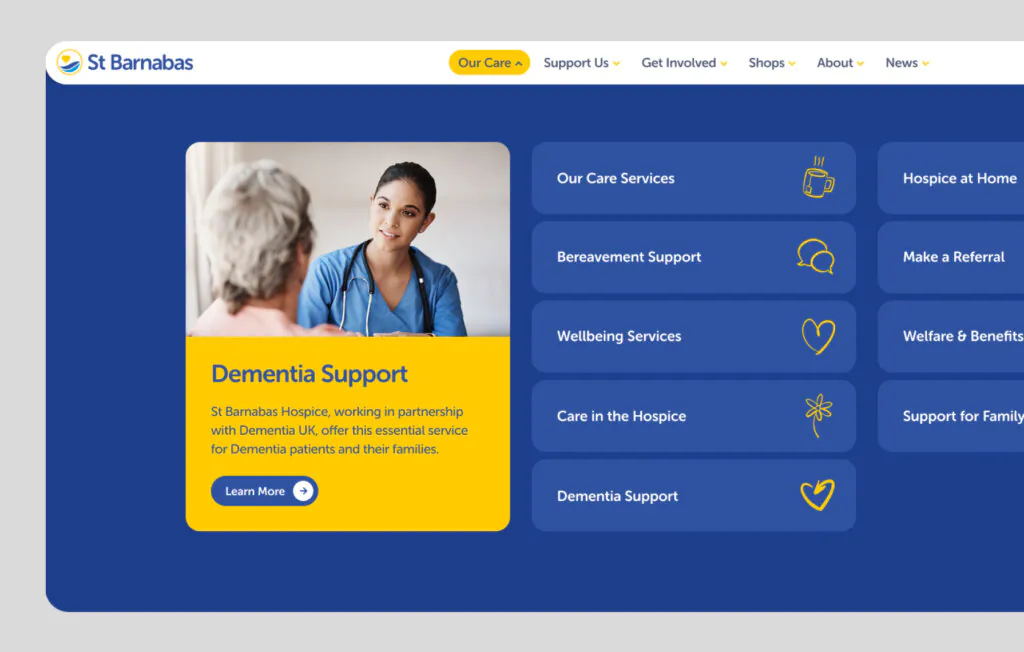 St Banabas hospice website preview of the navigation